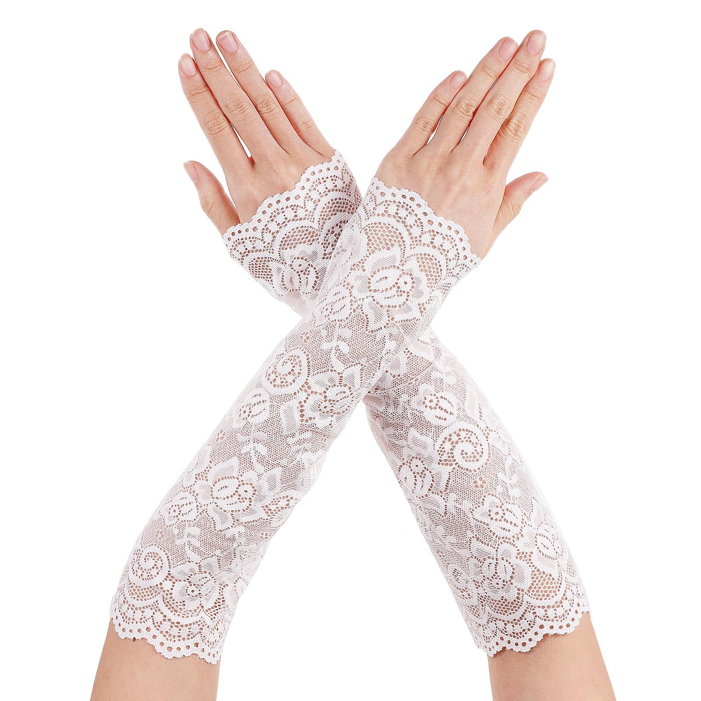 Lusofie Fingerless Lace Gloves Women Half Finger Long Lace Gloves 30cm Bridal Banquet Prom Formal Dress Opera 1920s Festival Accessories Soft Breathable Masquerade Wedding Gloves(White)