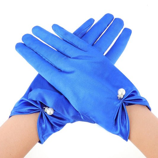 Yolev Short Satin Gloves Wrist Length Gloves Women's Gown Gloves Opera Wedding Banquet Dress Glove for Wedding Opera Dinner Party (Blue)