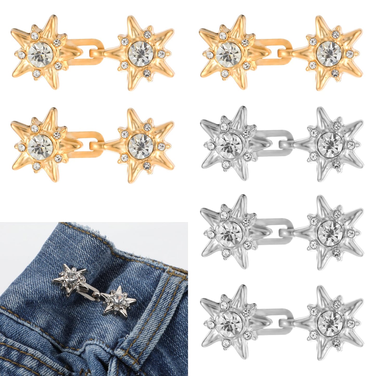 Josojoou 6 Pairs of Pant Waist Tightener, Adjustable Waist Buckle Set, Removable Star-shaped Jeans Clip Buckles for Trouser Skirts that are Too Loose at The Waists (Silver and Gold)