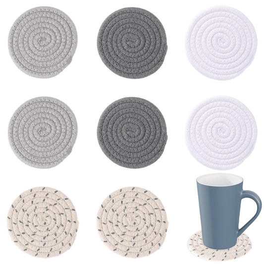 DIVINA VITAE 8 Pcs Round Cotton Rope Absorbent Coasters for Drinks, Handmade Modern Braided Coaster for Kinds of Cups, Home Decor Tabletop Protection(4.3in)
