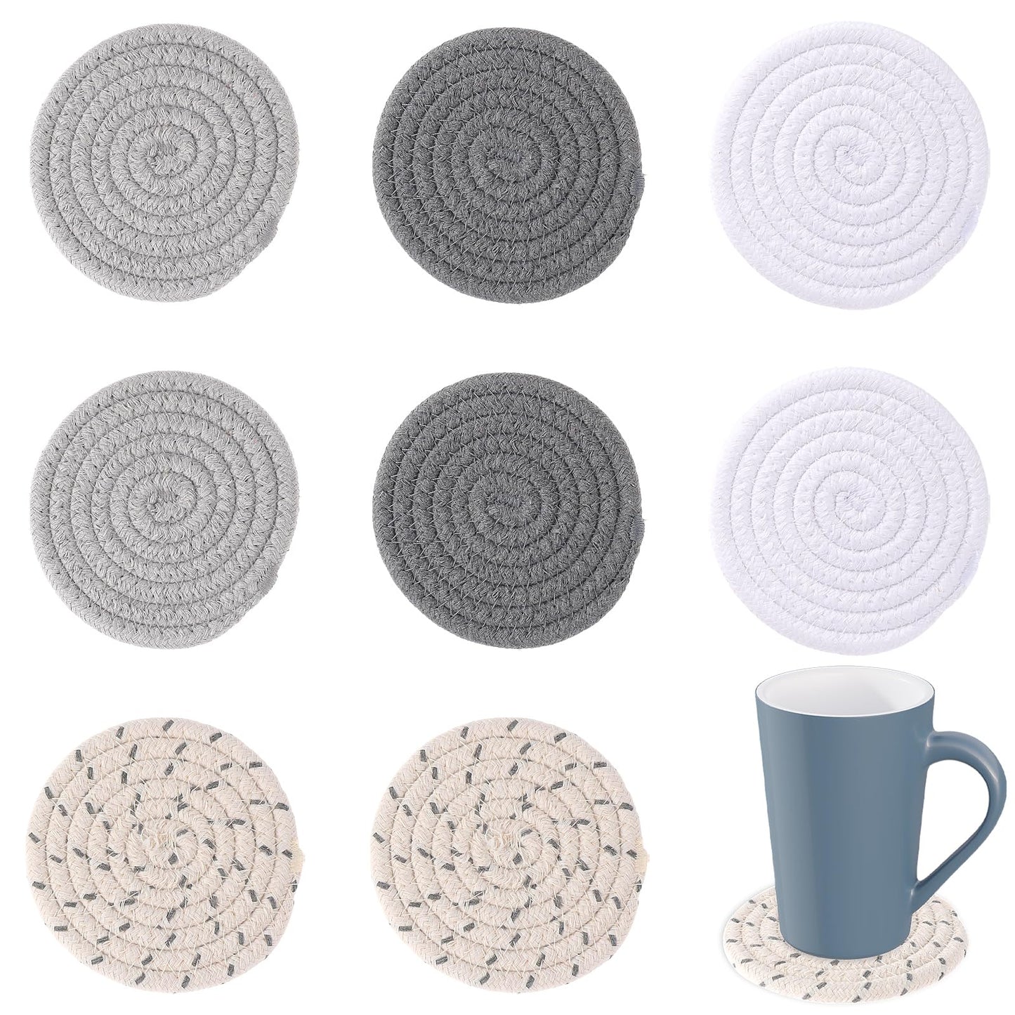 DIVINA VITAE 8 Pcs Round Cotton Rope Absorbent Coasters for Drinks, Handmade Modern Braided Coaster for Kinds of Cups, Home Decor Tabletop Protection(4.3in)