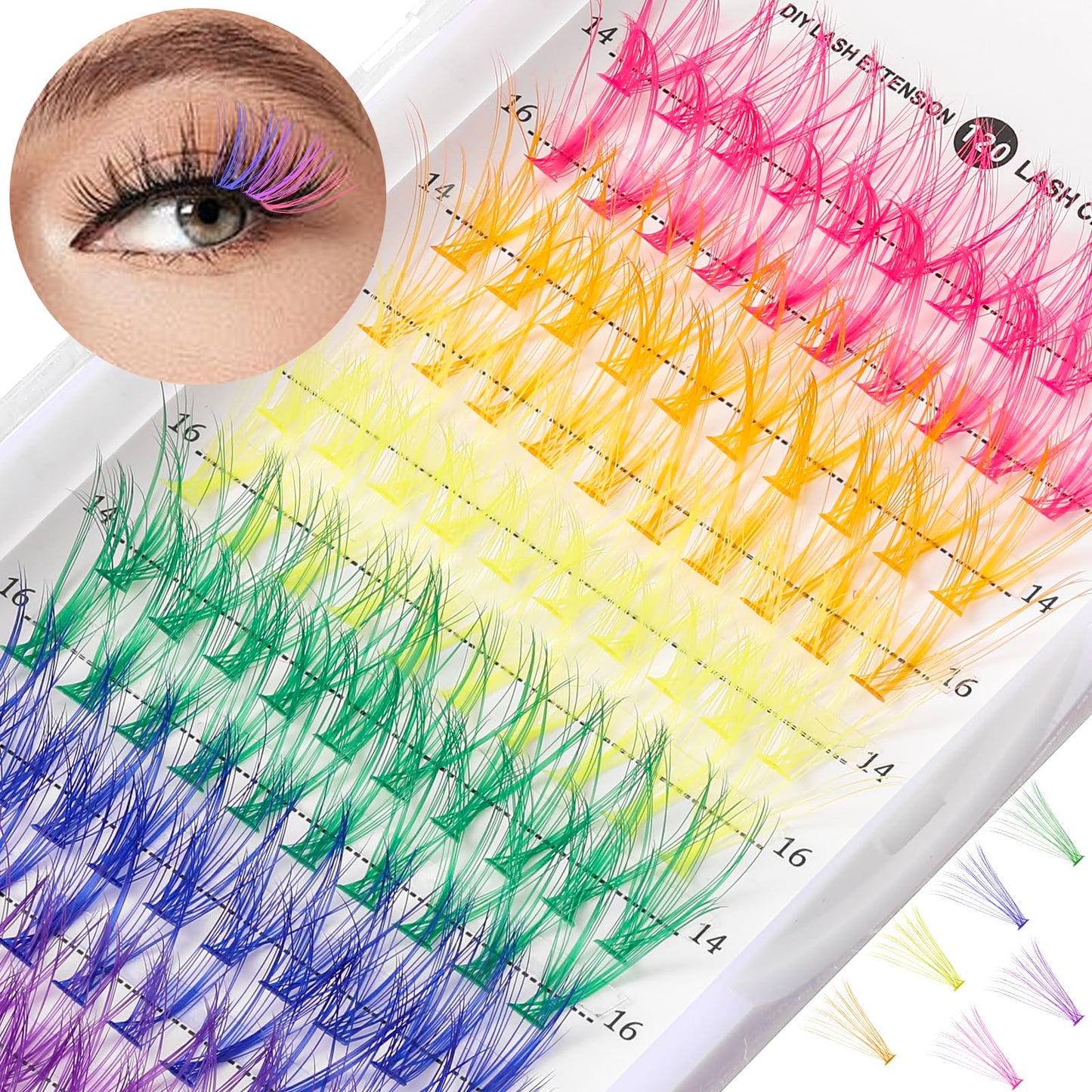 Colored Lash Extensions 120Pcs Wispy Color Lash Clusters DIY Rainbow Eyelashes Kit 14 16mm Glitter Lash Clusters for Beginners Self Application Mix Lashes Eye Makeup