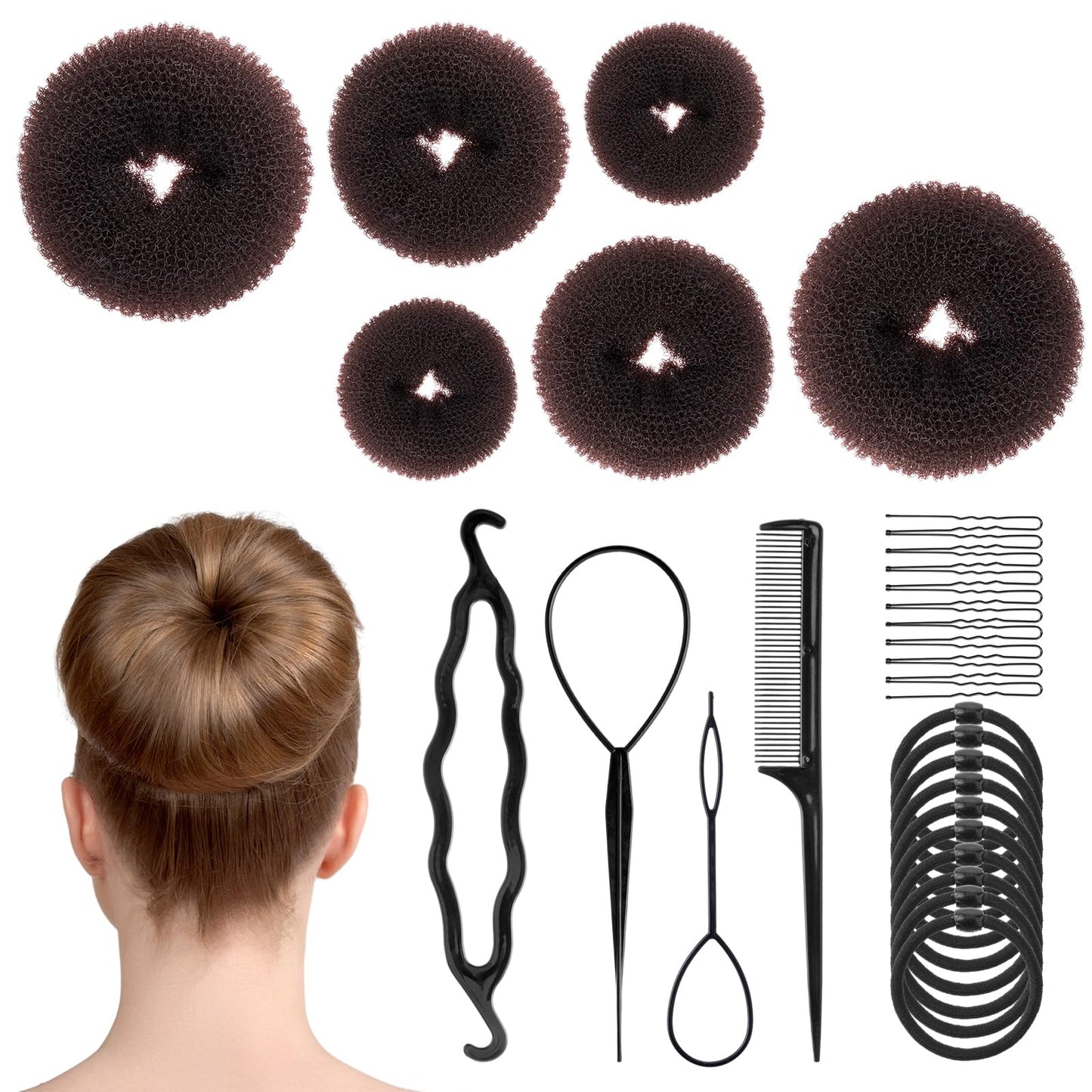 Hair Bun Donut 6 Pcs Hair Bun Maker with 30 Pcs U-Shaped Hair Pins 10 Pcs Elastic Bands 4 Pcs Pony Hair Tools Hair Accessories for Women Girls Kids