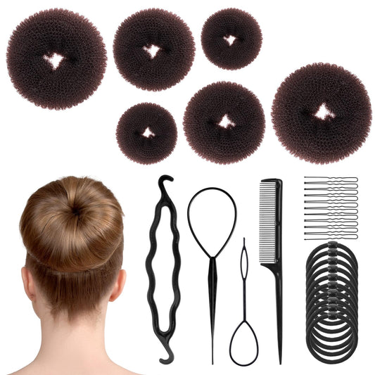 Hair Bun Donut 6 Pcs Hair Bun Maker with 30 Pcs U-Shaped Hair Pins 10 Pcs Elastic Bands 4 Pcs Pony Hair Tools Hair Accessories for Women Girls Kids