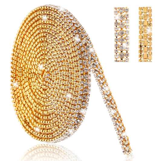 Telooco Rhinestone Diamond Ribbon 3 Row Bling Diamond Mesh Wrap Roll for Wedding Clothes Crafts Jewelry Decoration(Gold, 3 Yards)