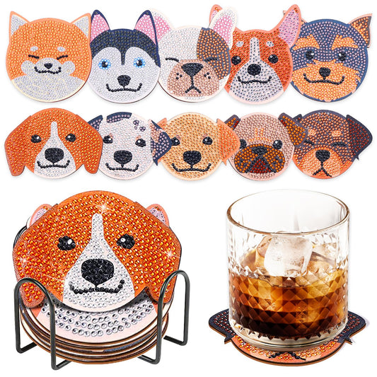 10 Pcs Diamond Art Painting Dog Coasters Diamond Art Coasters Kit Dog Coaster Diamond Art with Holder DIY Pet Dog Diamond Dots Coasters Kits Non-Slip Coaster for Beginners Adults Art Craft Supplies