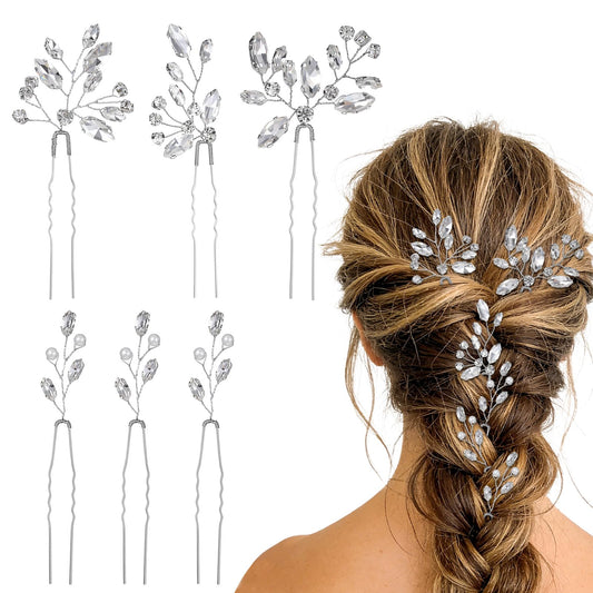 Bridal Hair Pins 6 Pieces Silver Crystal Wedding Hair Accessories for Women, Sparkly Rhinestone Bridal Hair Clips for Updo, Wedding Party and Bridesmaids - All-Day Secure Grip, Vintage Elegant Design