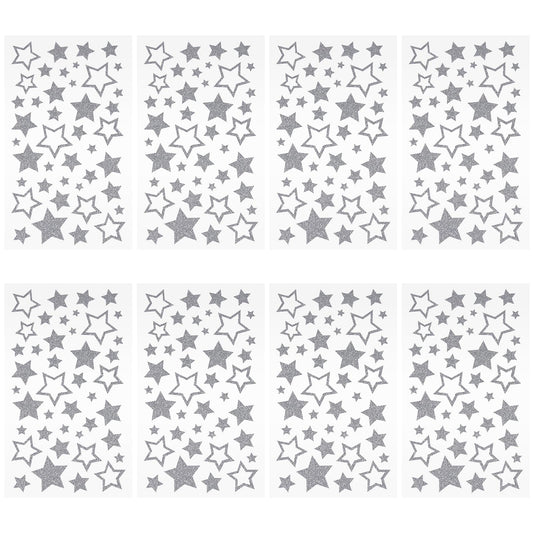 Lusofie 8 Sheets Glitter Silver Star Stickers Self-Adhesive Glitter Star Stickers Solid & Hollow Glitter Stars for Scrapbook Card DIY Crafting Kids Reward Supplies