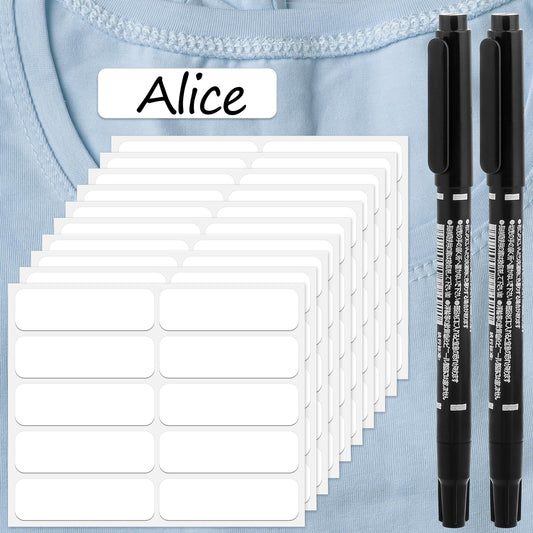 100pcs White No-Iron on Labels for Clothes with 2 Permanent Fabric Markers Writable Self-Adhesive Waterproof Name Labels Suitable for School Uniform, Name Tags, Care Home, Washing Machine Proof, Kid