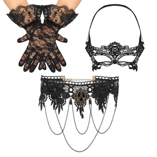Yolev 5PCS Halloween Masquerade Costume Set Halloween Lace Choker Necklace Set Black Retro Gothic Lace Collar Neckband Victorian Steampunk Jewelry
