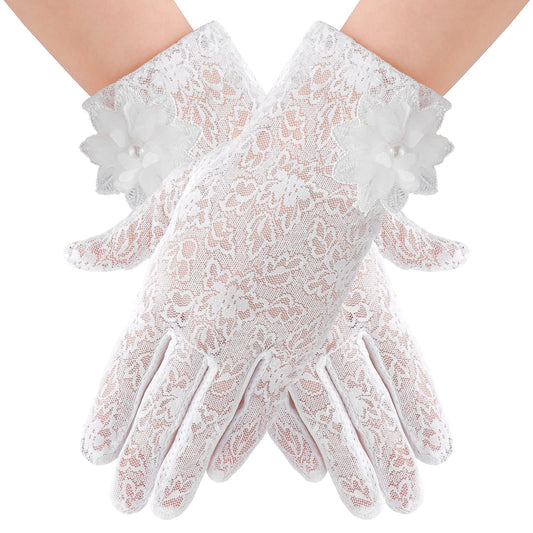 Yolev Floral Ladies Lace Gloves Short Elegant Gloves Stretchy Summer Sun UV Protection Driving Gloves with Touch Screen for Wedding Opera Dinner Party (White)