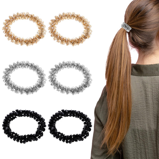 6Pcs Rhinestone Hair Ties Sparkly Elastic Ponytail Holder Bling Bead Hair Scrunchies Crystal Rhinestone Hair Accessories for Women Glitter Decorative Hair Ties (3 Colors)