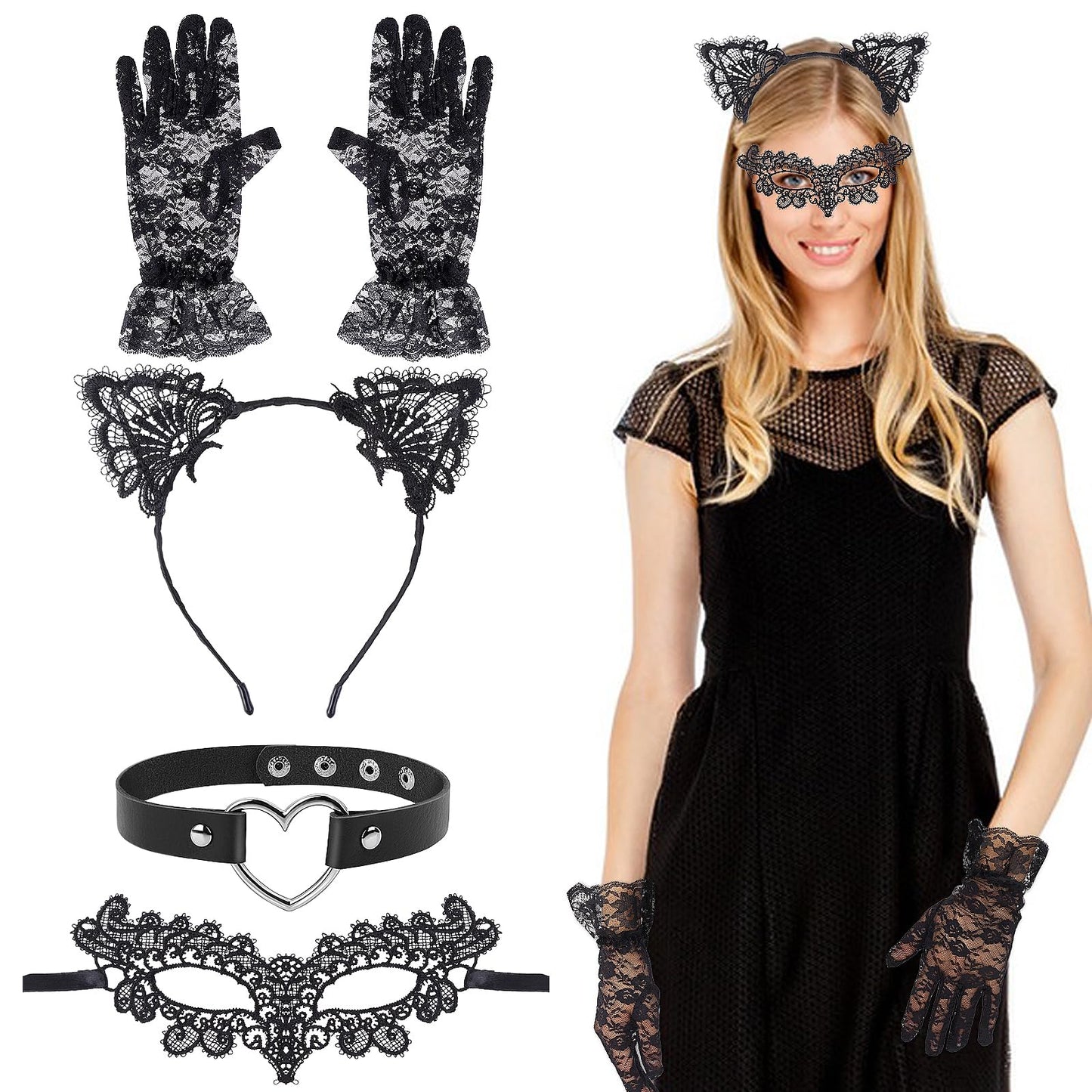 DIVINA VITAE Black Cat Costume Set Cat Woman Costumes for Woman Halloween Masquerade Lace Catwoman Mask Cat Ear Headband Gloves Choker Necklace for Halloween Cosplay Accessory