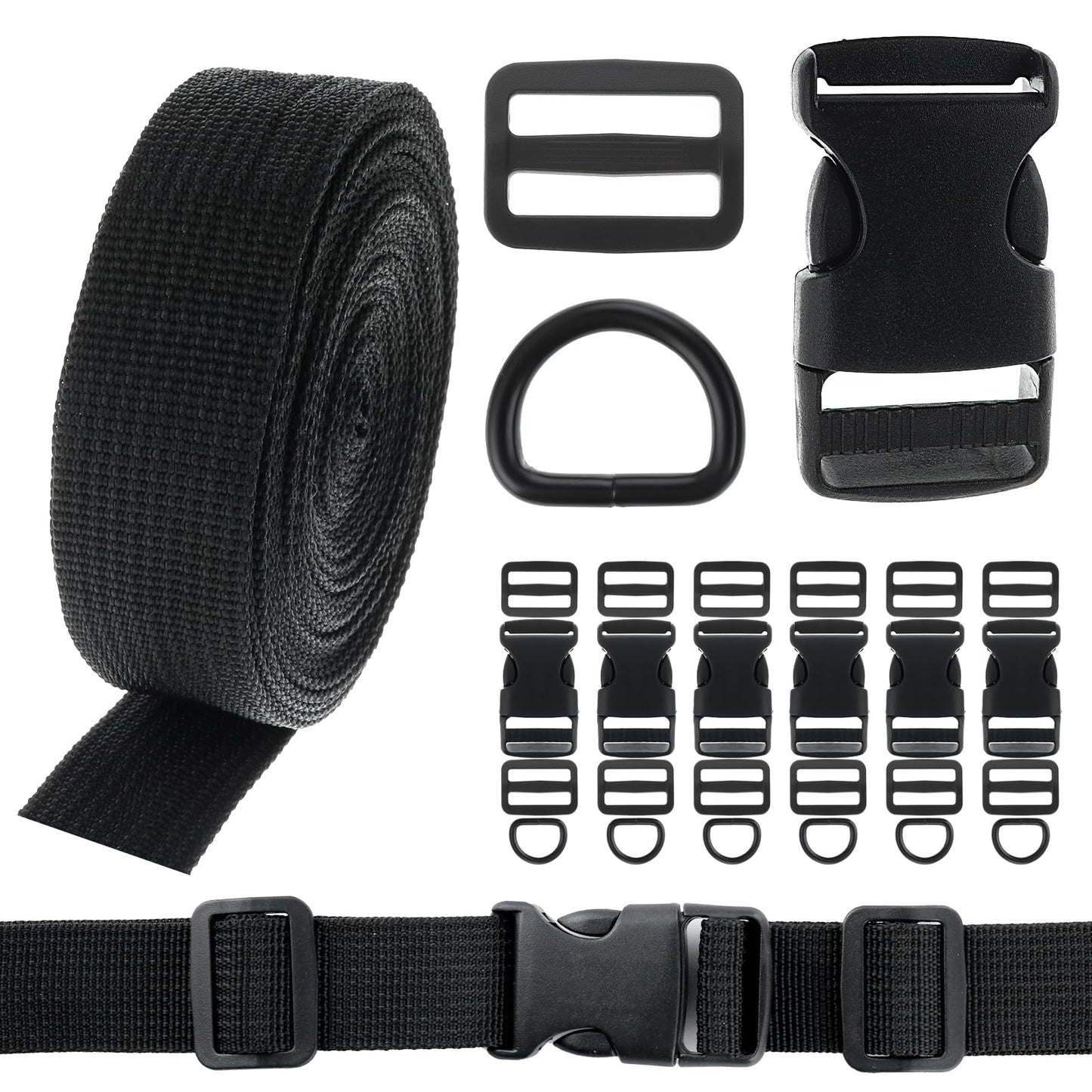 Buckle Straps 1Inch Set Black Nylon Webbing Straps 6Pcs Plastic Quick Side Release Buckle Double Adjustable Straps 12Pcs Tri-glide Slide Clip 6Pcs Metal D Rings for Luggage Strap Backpack Replacement