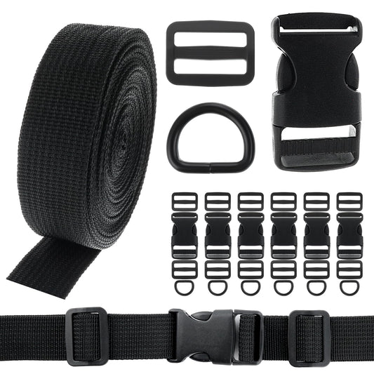 Buckle Straps 1Inch Set Black Nylon Webbing Straps 6Pcs Plastic Quick Side Release Buckle Double Adjustable Straps 12Pcs Tri-glide Slide Clip 6Pcs Metal D Rings for Luggage Strap Backpack Replacement