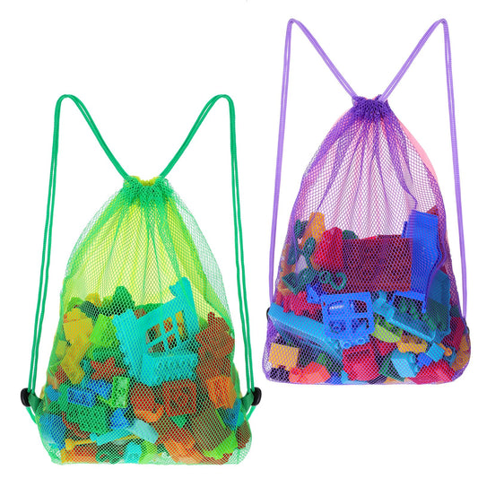 Gemoioio 2Pcs Backpack Mesh Beach Bag, Drawstring Swimming Bag, Sand Beach Toy Bags, Large Backpack Shell Bags for Beaches, Gym, Vacation Essentials (16 x 12.8in)
