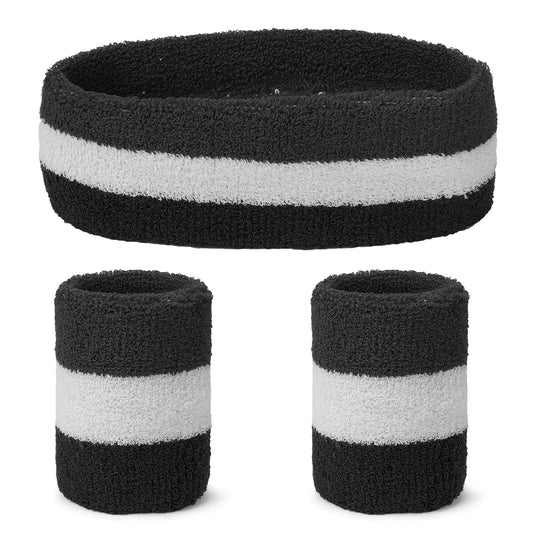 Yolev Striped Sweatband Set Sports Headband Wristband (1 Headband and 2 Wristbands) Set Sweatbands for Athletic Men and Women