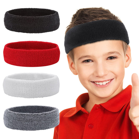Lusofie 4Pcs Sport Kids Headbands,Sweat Headband for Boys Girls Athletic Elastic Headbands Colorful for Football Basketball Headband,Over 5 Years Old