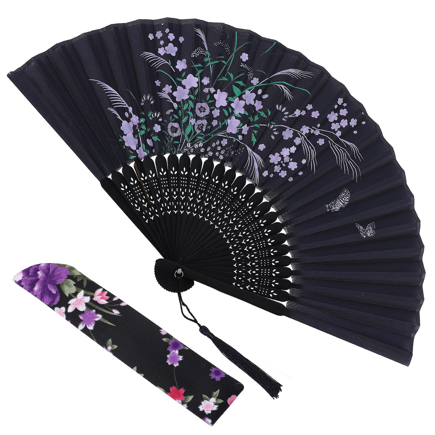 Hand Fan Foldable - Fabric Handheld Fan with Tassel and Pouch - Chinese/Japanese Style Elegant Decorative Folding Fans for Cosplay Home Decor Wedding Dance Party, Black