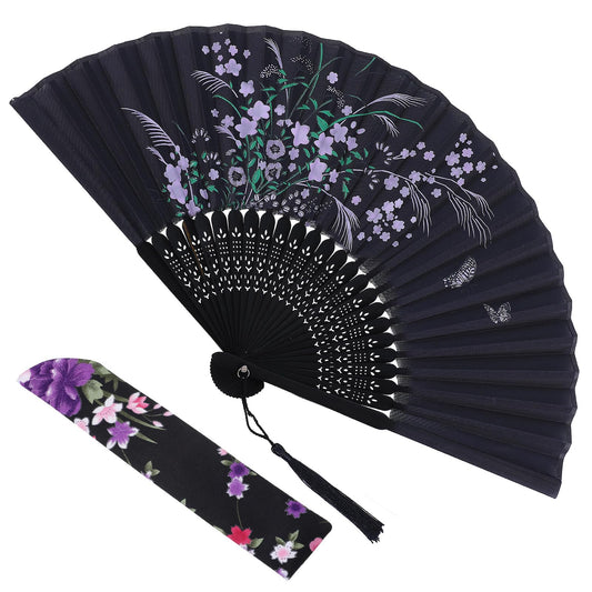 Hand Fan Foldable - Fabric Handheld Fan with Tassel and Pouch - Chinese/Japanese Style Elegant Decorative Folding Fans for Cosplay Home Decor Wedding Dance Party, Black