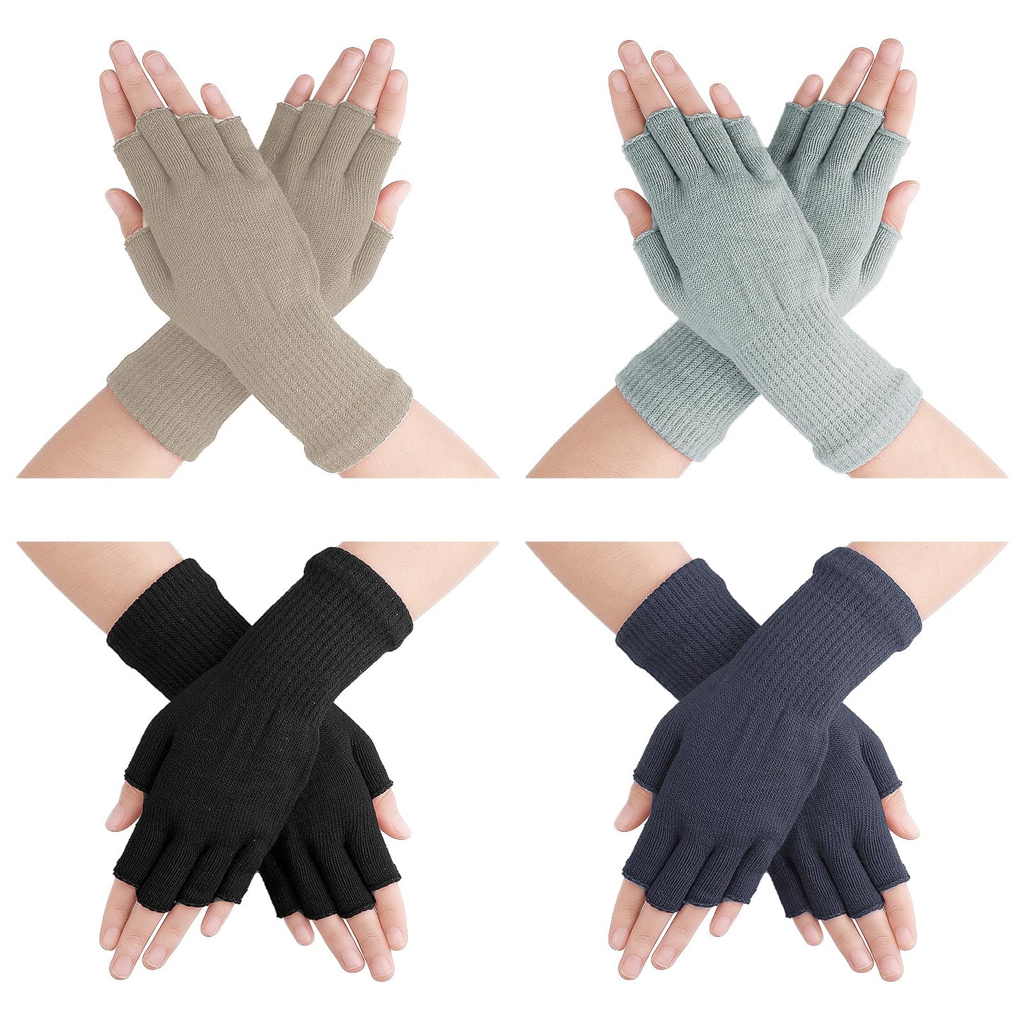 Yolev 4 Pairs Knitted Fingerless Gloves Winter Half Finger Warm Mittens Cold Weather Knit Gloves for Driving Skiing Running Outdoor Activities (Black/Cyan/Dark Gray/Khaki)