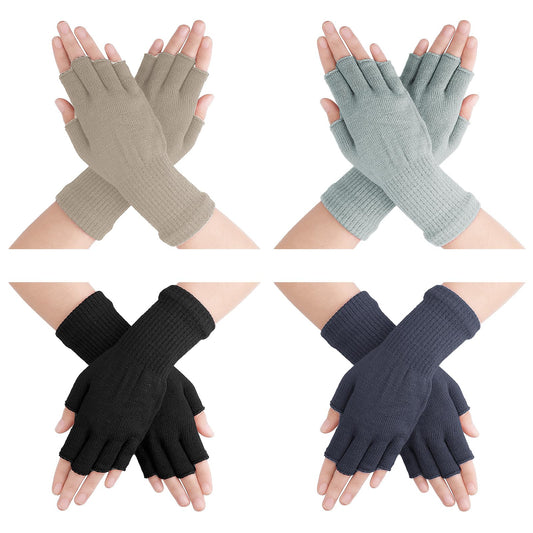 Yolev 4 Pairs Knitted Fingerless Gloves Winter Half Finger Warm Mittens Cold Weather Knit Gloves for Driving Skiing Running Outdoor Activities (Black/Cyan/Dark Gray/Khaki)