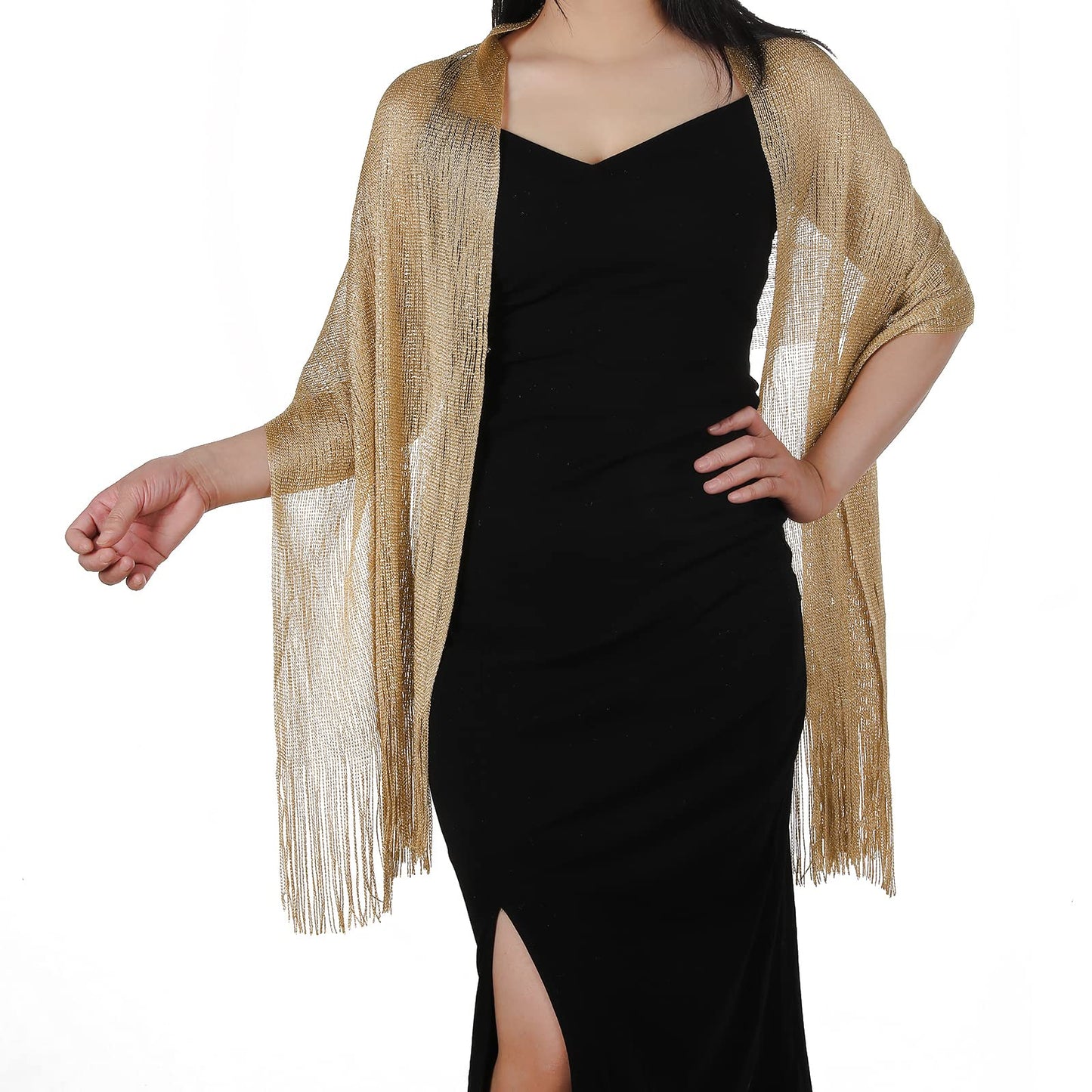 Women's Evening Sparkling Metallic Shawls and Wraps with Scarf Clip, Metallic Scarf for Bridal Weddings/Evening Party/Formal Dresses (Gold)