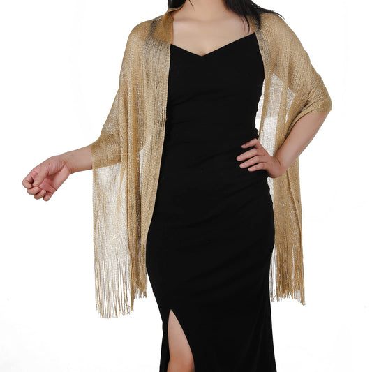 Women's Evening Sparkling Metallic Shawls and Wraps with Scarf Clip, Metallic Scarf for Bridal Weddings/Evening Party/Formal Dresses (Gold)