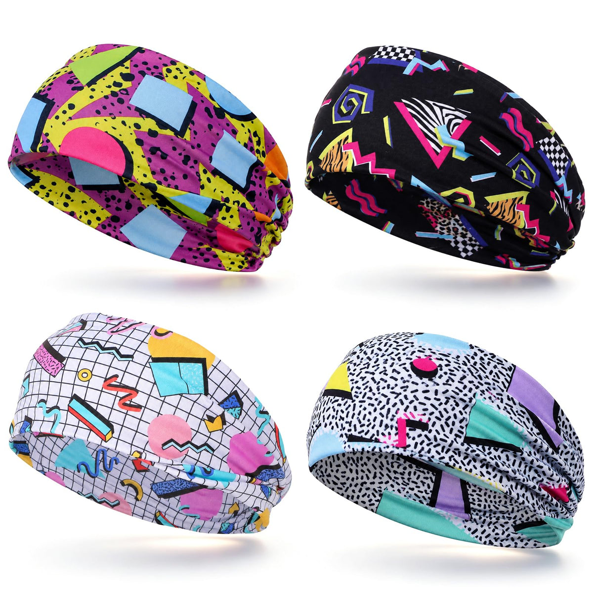 4Pcs Retro Elastic Fashion Headbands for Women Men, 80s 90s Neon Sweatbands