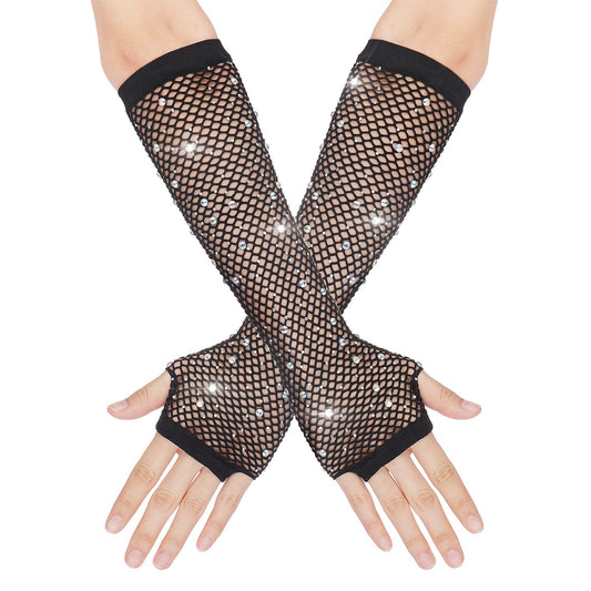 Yolev Rhinestones Long Fishnet Fingerless Gloves Fish Net Gloves Sparkly Glitter Fashion Opera Gloves for 80s Costume Evening Party Halloween Cosplay Supplies (Black)