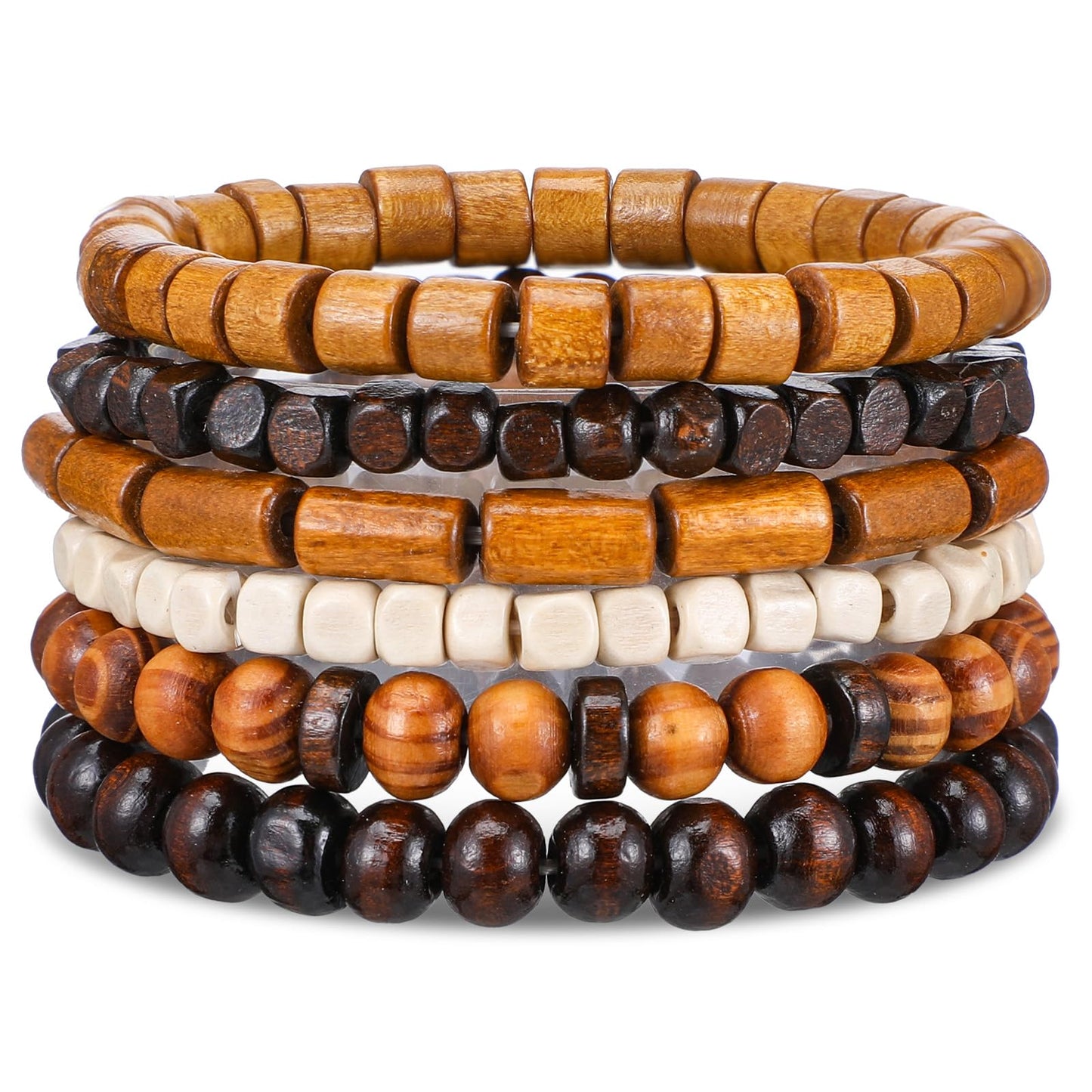Telooco 6Pcs Mens Beaded Bracelet Multi-Layer Wooden Beads Bracelet Gothic Wristband Adjustable Elastic Mens Bracelets Detachable Beaded Wrist Cuffs Gifts for Men (Light Brown)
