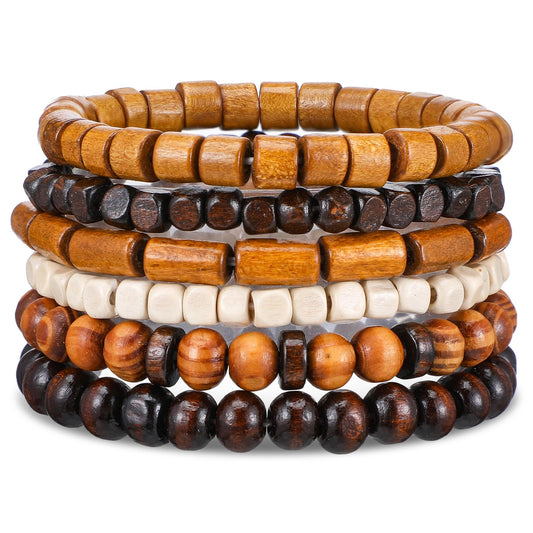 Telooco 6Pcs Mens Beaded Bracelet Multi-Layer Wooden Beads Bracelet Gothic Wristband Adjustable Elastic Mens Bracelets Detachable Beaded Wrist Cuffs Gifts for Men (Light Brown)