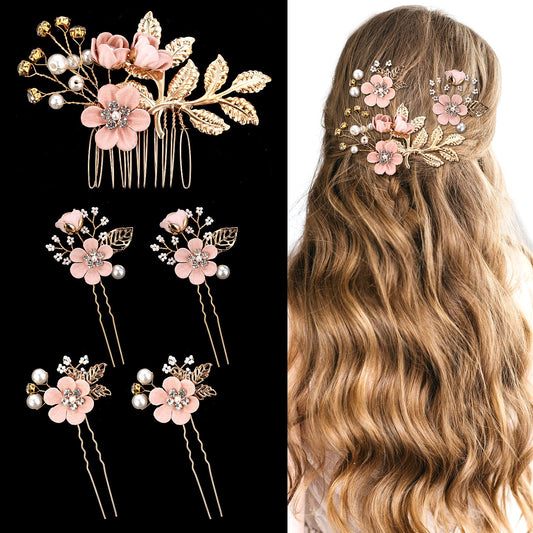 Yolev 5 Pcs Bridal Hair Accessories Wedding Hair Comb Pearl Crystal Wedding Hair Pins flower hair pins bridesmaid hair accessories for Women Girls pink hair accessories