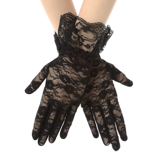 Yolev Women Short Lace Gloves Ladies Floral Lace Gloves Vintage Opera Gloves 1930s Gloves for Women Ladies and Girls Evening Party Wedding Tea Party Prom Cosplay (Black Flower)