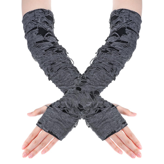 DIVINA VITAE Womens Torn Ripped Punk Goth Gloves Long Punk Fingerless Gloves Cosplay Ripped Gloves Gothic Gloves Black Arm Warmers Sleeve for Halloween Costumn Masquerade Party Accessories