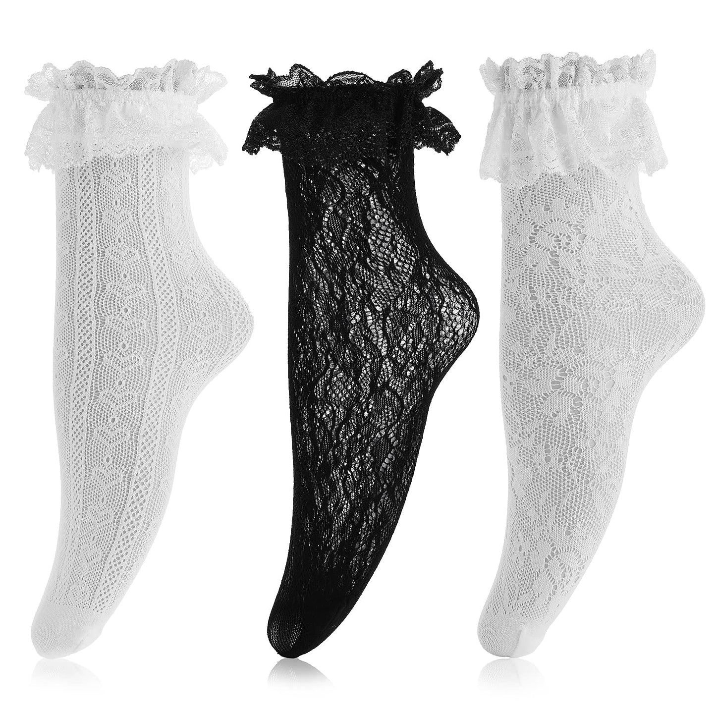 Yolev 3pairs Women Ankle Socks Lace Ruffle Frilly Comfortable Socks Princess Socks Fashion Lace Ankle Socks with Ruffle