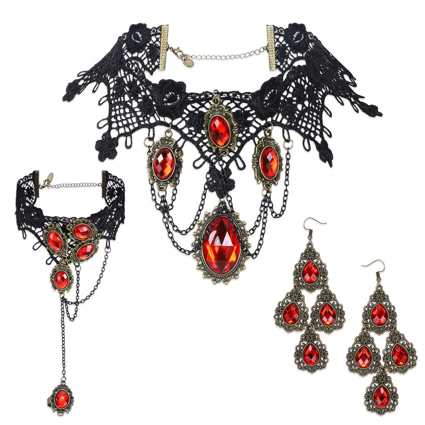 Halloween Gothic Jewelry Set Gothic Choker Necklace Black Lace Choker Lace Bracelet and Pendant Earrings for Halloween Costume Party for Women (Red and Black-1)