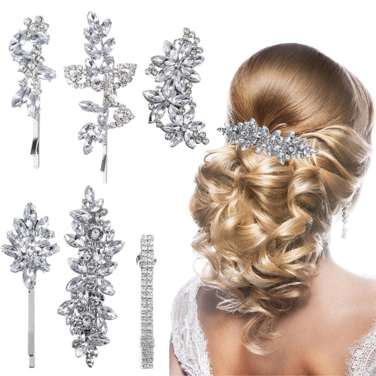 6PCS Rhinestone Hair Clips, Leaves Flowers Silver Hair Piece Prom, Crystal Rhinestone Hair‘s’ Pins, Elegant and Refined, for Brides and Bridesmaids