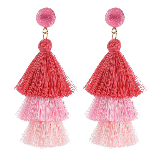 Yolev Layered Tassel Earrings Bohemian Tiered Tassel Thread Earrings Fringe Dangle Drop Earrings for Women Teen Girls (Pink Ombre)