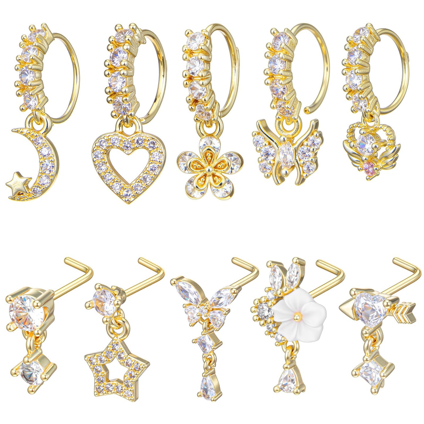 Telooco 10Pcs 20g Dangle Nose Ring Hoops L Shaped Nose Studs
