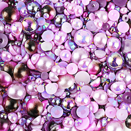 75g Mix Purple Flatback Pearls Rhinestones for Crafts Mixed Size 3-10mm Half Round Flatback Pearl Beads 2-6mm Flatback Rhinestones Resin Flat Back Pearls for Crafting Art DIY Nail Jewelry Decoration