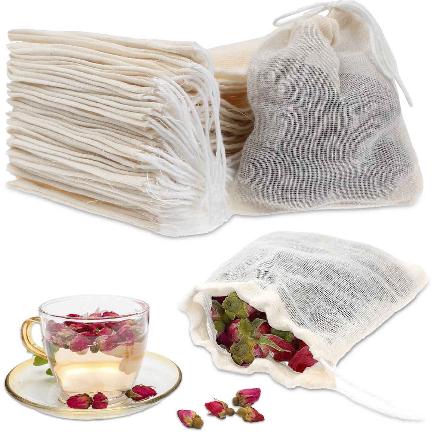 Lusofie 30Pcs Natural Muslin Bags Unbleached Cotton Empty Tea Bags Sachet Bags Spice Bags for Cooking Bone Broth Brew Gravy Filters(4 x 3 Inches)