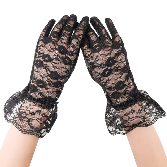 Lusofie Lace Gloves for Women Elegant Short Mesh Gloves Ladies Floral Opera Gloves Women Accessories for Wedding Bridal Opera Party Halloween Costume(Black)