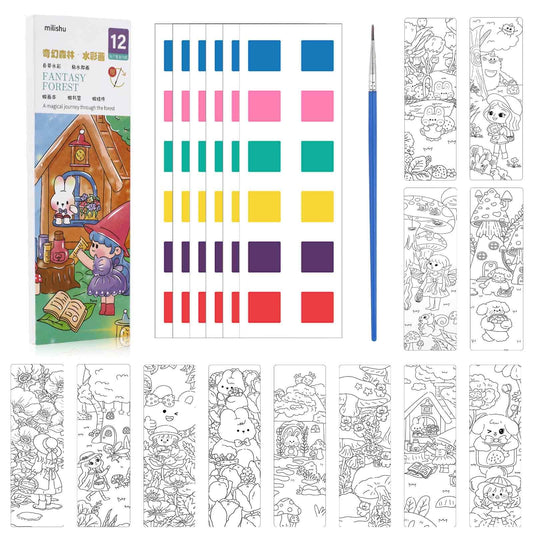 Lusofie Pocket Watercolor Painting Book Kids Watercolor Bookmarks to Paint 12 Pages Mini Coloring Books 3-8 Years Paint with Water Books for Kids Travel Party Favors(Fantasy Forest)