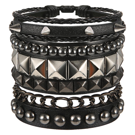 Telooco 4Pcs Punk Leather Bracelet Rock Studded Bracelet Set Hematite Braided Leather Bracelets Set 80s Wristband Emo Bracelet Adjustable Goth Bracelets Unisex
