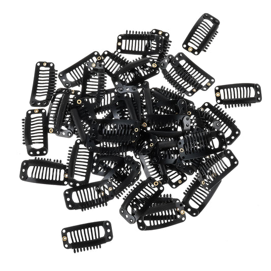 Yolev 50PCS Wigs Snap Clips Hair Extension Clips 9-Teeth U-Shape Metal Silicon Wig Hair Extension Clips for Women Hairpiece (Black)