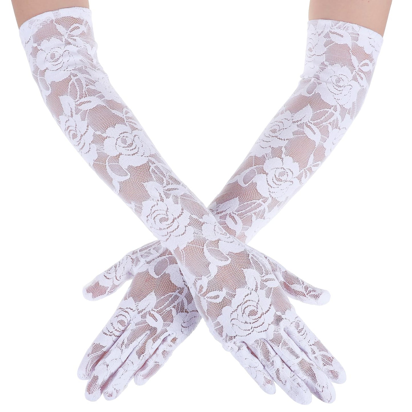 White Lace Gloves Long Lace Floral Gloves Sheer Mesh Tulle Gloves Stretchy Elbow Length Gloves Opera Gloves Wedding Bridal Gloves Floral Lace Gloves for Wedding Evening Dance Tea Party Costume Gloves