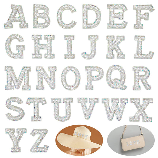 Lusofie 26pcs Iron on Letter A-Z Pearl Rhinestone English Letter Patches Pearls Rhinestone Letter Applique Patches Sew Embroidered Patches, Alphabet Patches for Clothing