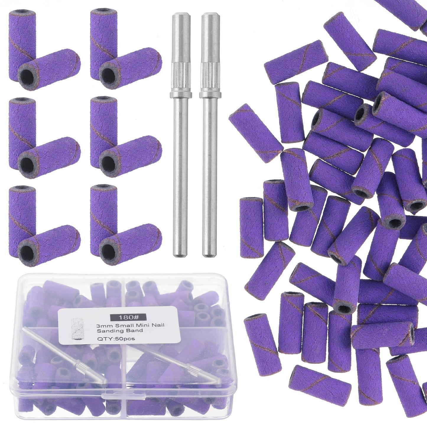 100pcs Sanding Bands Nail Drill Bit, 3mm 180# Nail Sanding Bands with 2pcs Upgrade Stainless Steel Shaft,Mini Nail Drill Sanding Bands for Professional Manicures and Pedicure