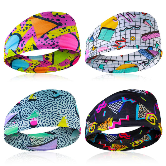 Lusofie 4PCS Vintage Headbands, 80s 90s Retro Soft Sport Sweatbands, Universal Workout for Men and Women, Unisex, One Size Fits Most, Red, Yellow